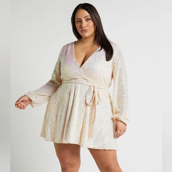 Showpo. | Dresses | Showpo Sequin Wrap Dress Bridal Vneck Long Sleeve Mid  Size Bachelorette Curve | Poshmark